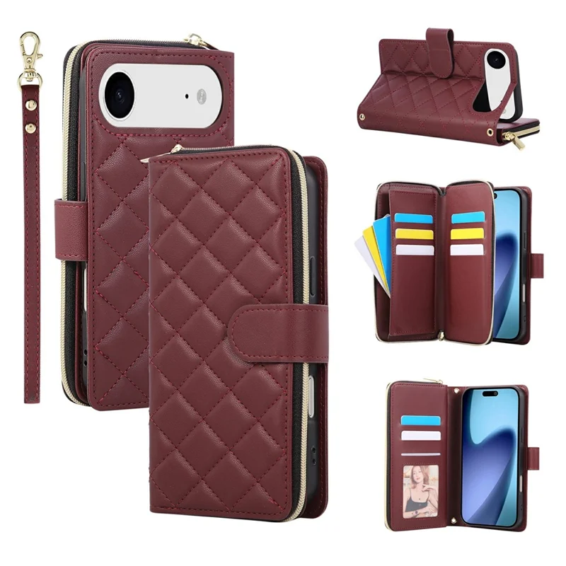 For iPhone 17 Air Case Zipper Wallet Rhombus PU Leather Crossbody Phone Cover - Wine Red