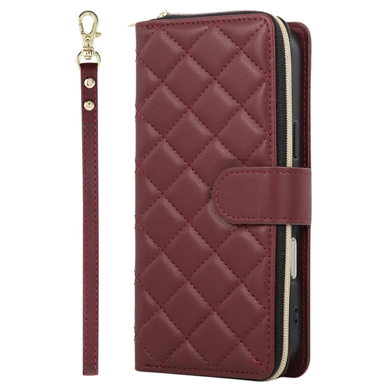 For iPhone 17 Air Case Zipper Wallet Rhombus PU Leather Crossbody Phone Cover - Wine Red