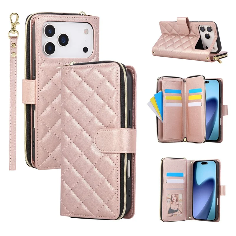 Funda tipo cartera con cremallera para iPhone 17 Pro de cuero PU con diseño de rombos y correa cruzada - Oro Rosa