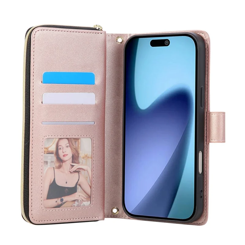 Funda tipo cartera con cremallera para iPhone 17 Pro de cuero PU con diseño de rombos y correa cruzada - Oro Rosa