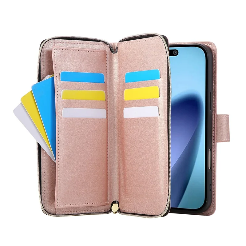 Funda tipo cartera con cremallera para iPhone 17 Pro de cuero PU con diseño de rombos y correa cruzada - Oro Rosa