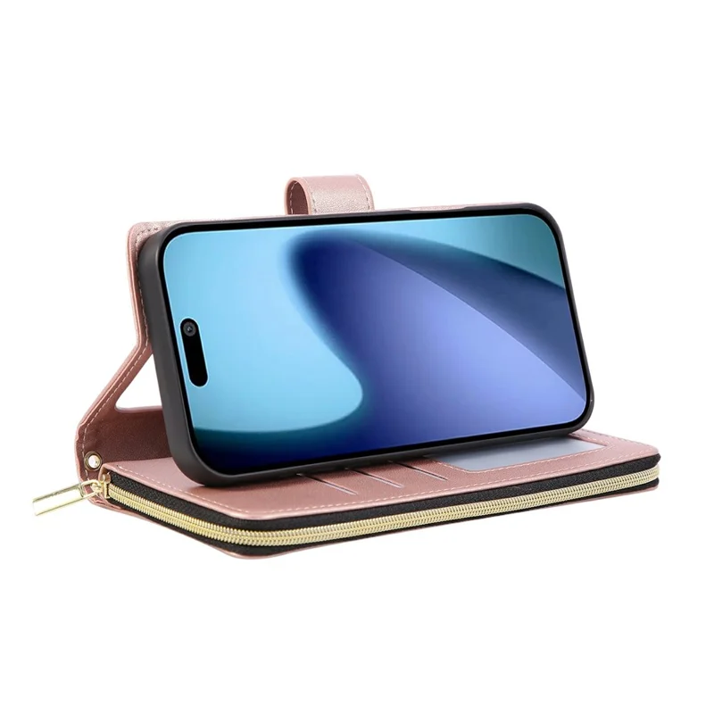 Funda tipo cartera con cremallera para iPhone 17 Pro Max de Cuero PU con Diseño de Rombos y Correa Cruzada - Oro Rosa
