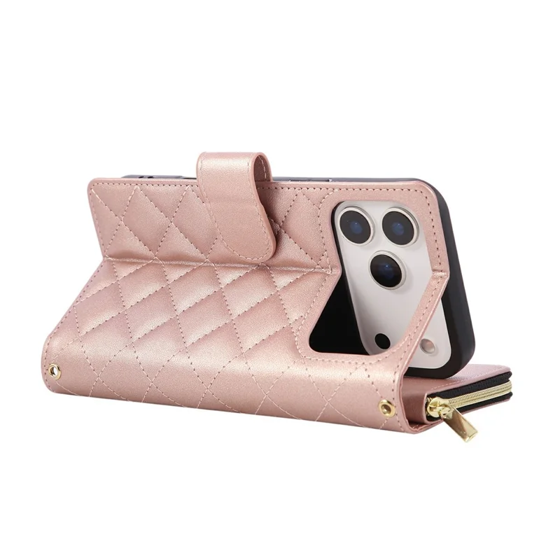 Funda tipo cartera con cremallera para iPhone 17 Pro Max de Cuero PU con Diseño de Rombos y Correa Cruzada - Oro Rosa