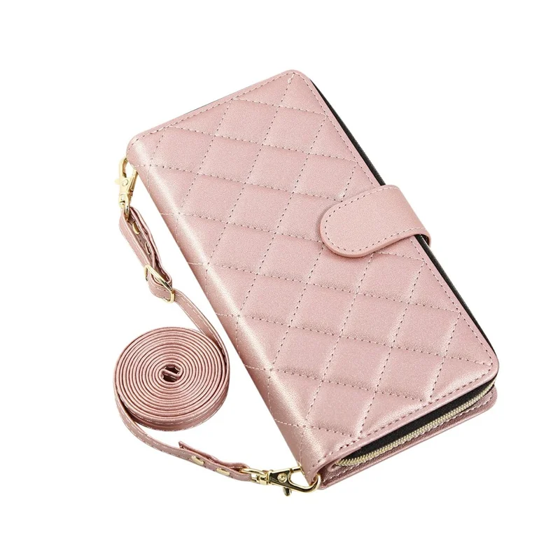 Funda tipo cartera con cremallera para iPhone 17 Pro Max de Cuero PU con Diseño de Rombos y Correa Cruzada - Oro Rosa