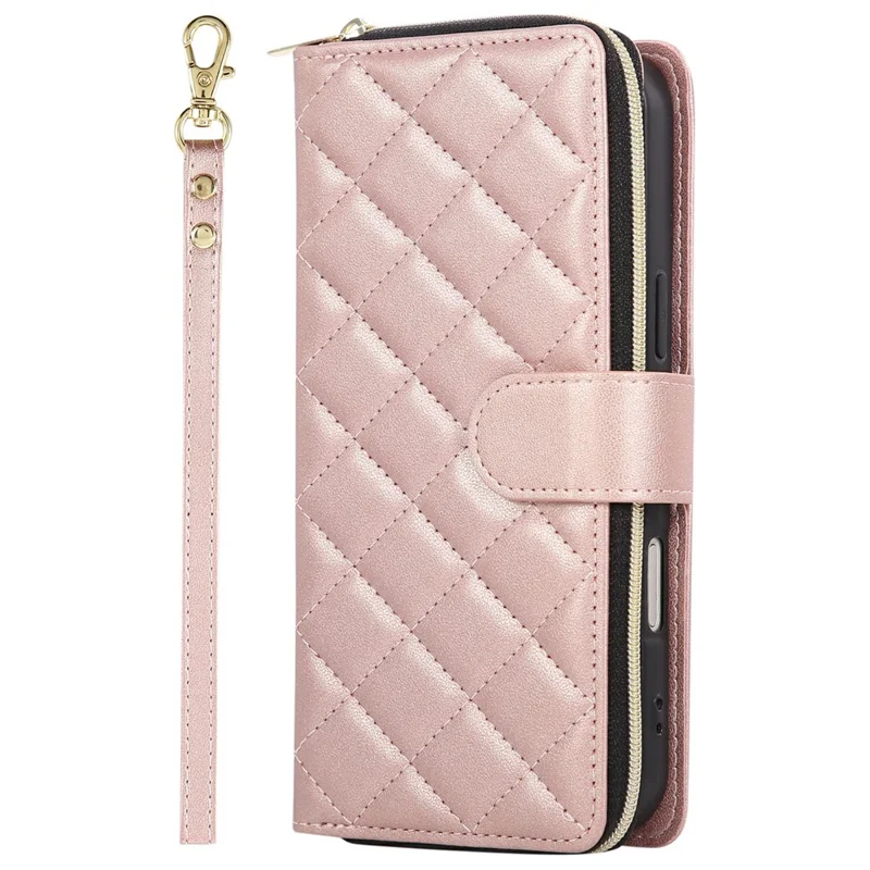 Funda tipo cartera con cremallera para iPhone 17 Pro Max de Cuero PU con Diseño de Rombos y Correa Cruzada - Oro Rosa