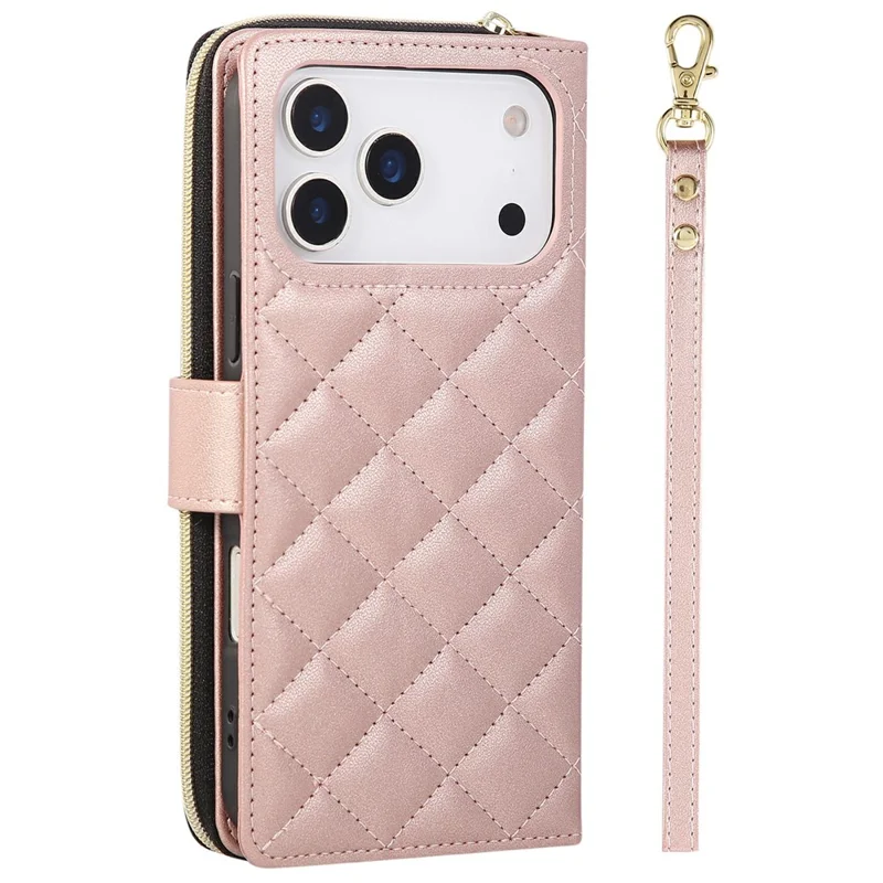 Funda tipo cartera con cremallera para iPhone 17 Pro Max de Cuero PU con Diseño de Rombos y Correa Cruzada - Oro Rosa