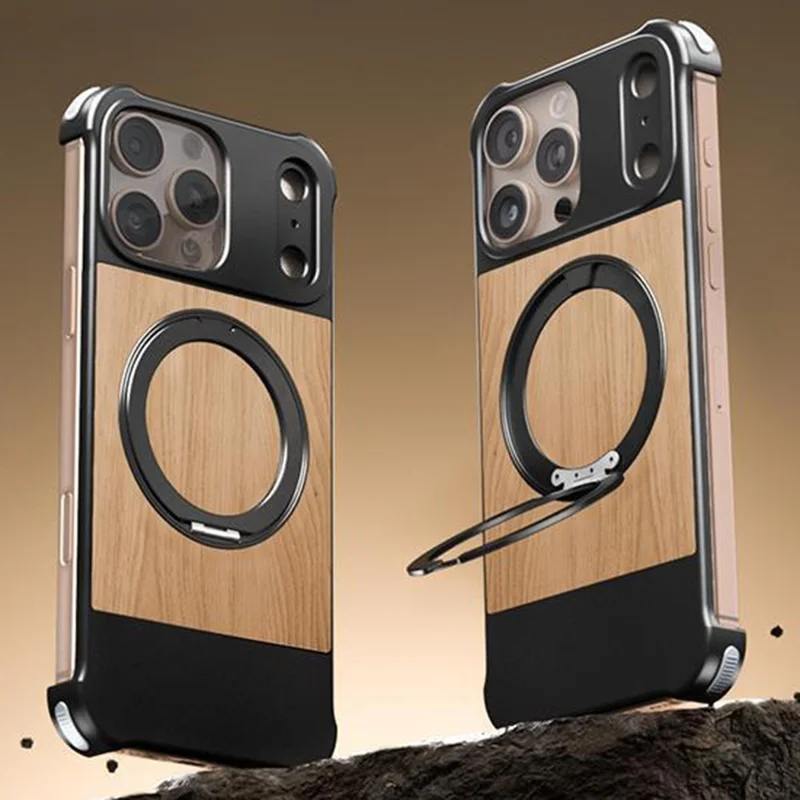 Pour iPhone 16 Pro Max Étui Magnétique Borderless Noyer + Béquille Métallique Coque de Téléphone - Grain de Bois Profond