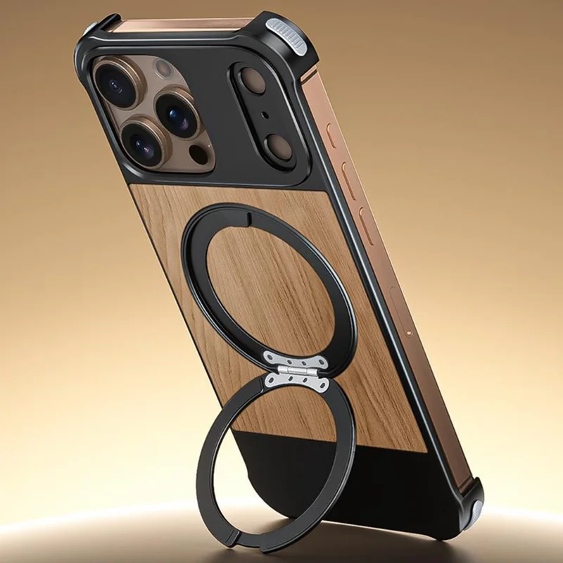 Pour iPhone 16 Pro Max Étui Magnétique Borderless Noyer + Béquille Métallique Coque de Téléphone - Grain de Bois Profond