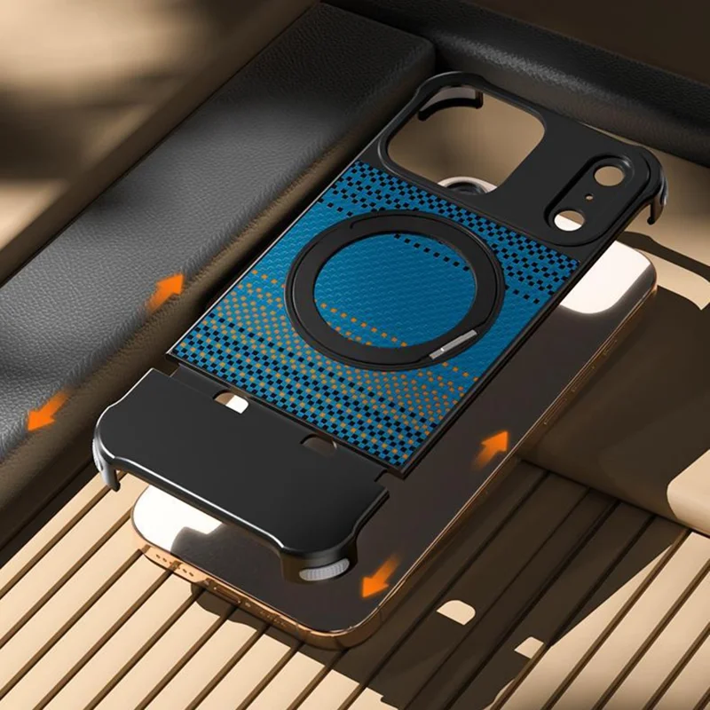 Für iPhone 16 Pro Max Magnetische Hülle Rahmenlos Karbonfaser-Textur PU Metall Handyhülle mit Ständer - Mondaufgang