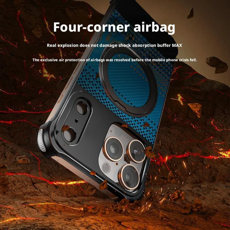 For iPhone 16 Pro Max Magnetic Case Borderless Carbon Fiber Texture PU Metal Phone Cover with Kickstand - Sunset