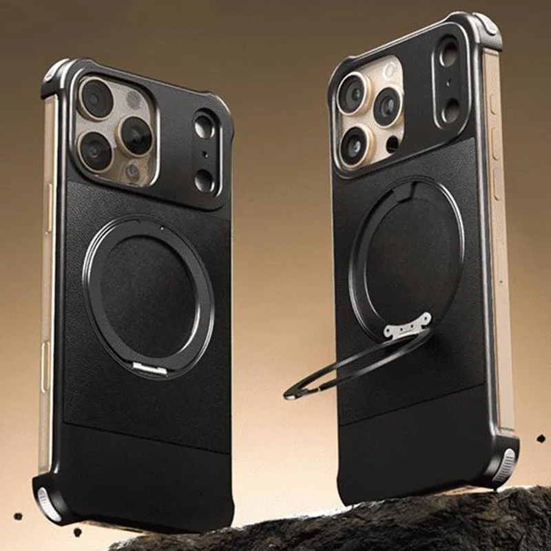 Für iPhone 16 Pro Max Magnetische Hülle mit Ständer Randlos PU + Metall Stoßfeste Handyrückseite - Schwarz
