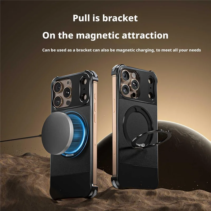 Für iPhone 16 Pro Max Magnetische Hülle mit Ständer Randlos PU + Metall Stoßfeste Handyrückseite - Schwarz