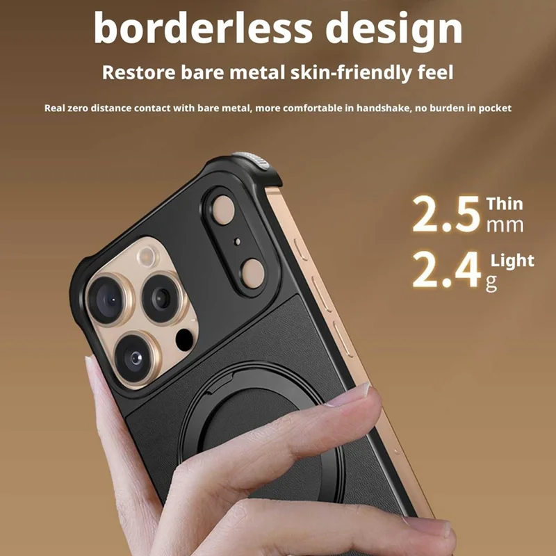 Für iPhone 16 Pro Max Magnetische Hülle mit Ständer Randlos PU + Metall Stoßfeste Handyrückseite - Schwarz