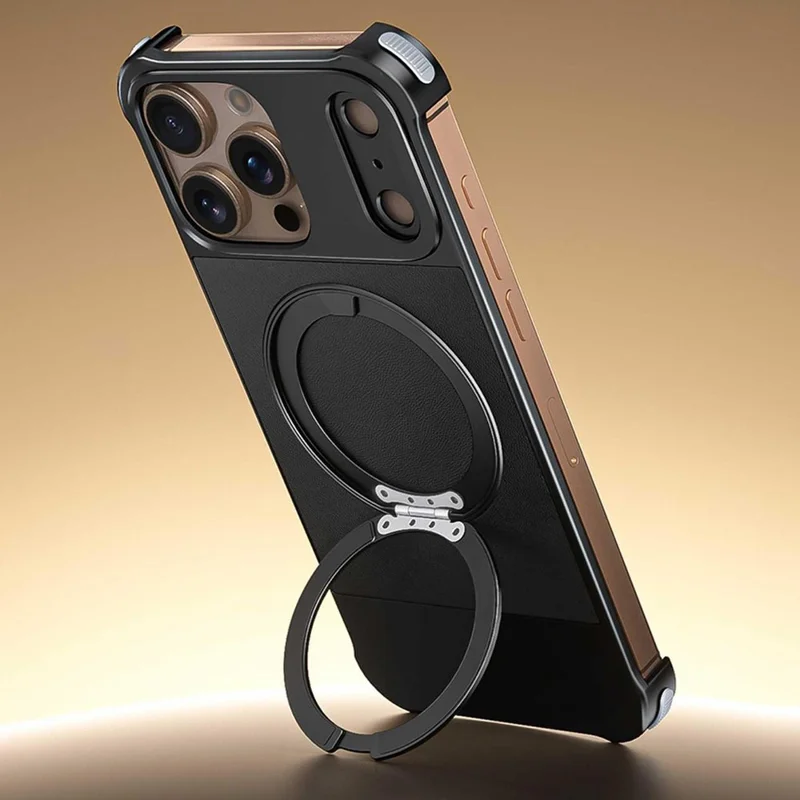 Cover posteriore per iPhone 15 Pro Max magnetico con supporto, senza bordi, in PU + metallo antiurto - Nero