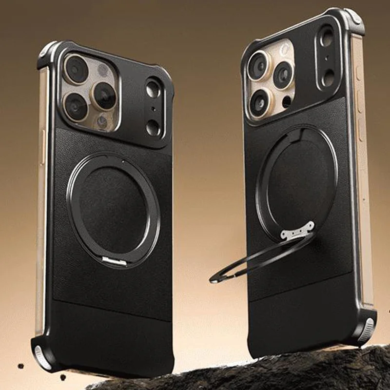 Cover posteriore per iPhone 14 Pro Max con custodia magnetica e supporto, senza bordi, in PU + metallo antiurto - Nero