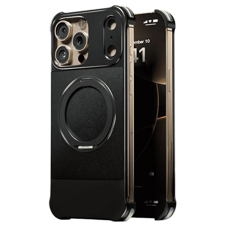 For iPhone 13 Pro Max Magnetic Case with Kickstand Borderless PU + Metal Drop Proof Phone Back Cover - Black