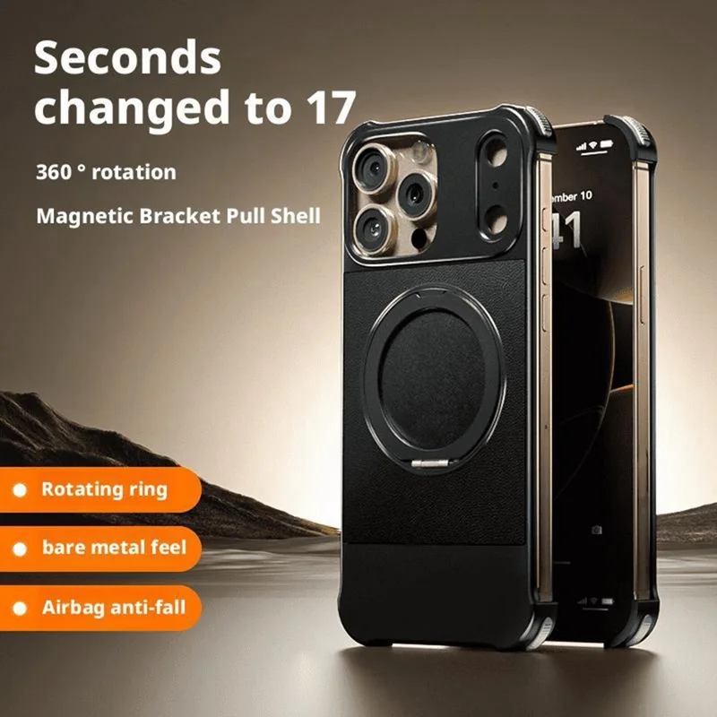For iPhone 13 Pro Max Magnetic Case with Kickstand Borderless PU + Metal Drop Proof Phone Back Cover - Black