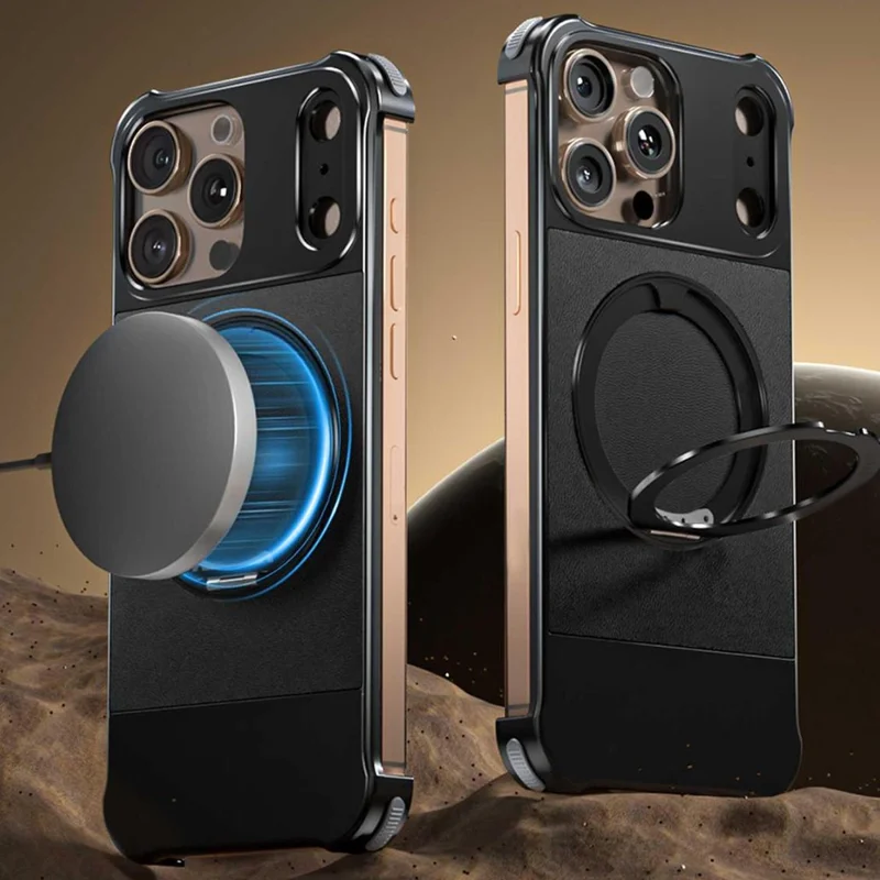 For iPhone 13 Pro Max Magnetic Case with Kickstand Borderless PU + Metal Drop Proof Phone Back Cover - Black
