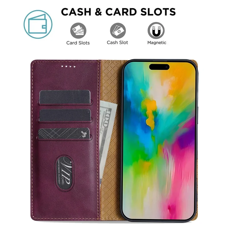 N.BEKUS CSJ-001 For iPhone 17 Pro Stand Case PU Leather Wallet Phone Cover - Wine Red