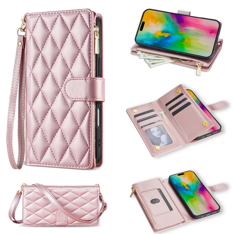 For iPhone Air Case Rhombus Stitching Leather Wallet Phone Cover with Long  /  Short Strap - Rose Gold