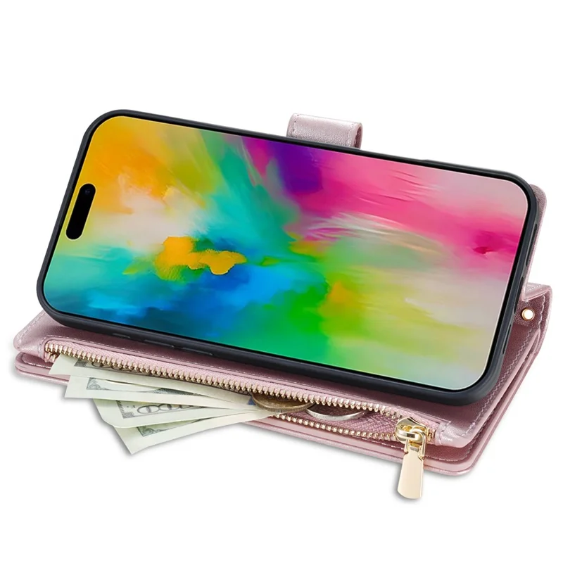 For iPhone Air Case Rhombus Stitching Leather Wallet Phone Cover with Long  /  Short Strap - Rose Gold