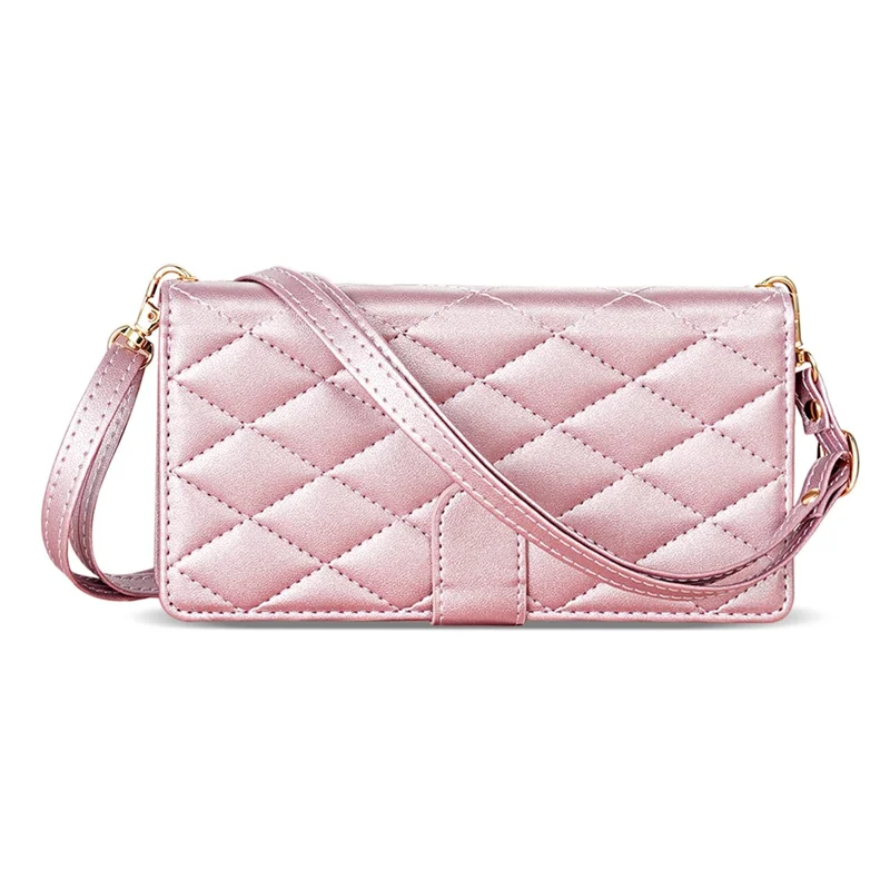 For iPhone Air Case Rhombus Stitching Leather Wallet Phone Cover with Long  /  Short Strap - Rose Gold