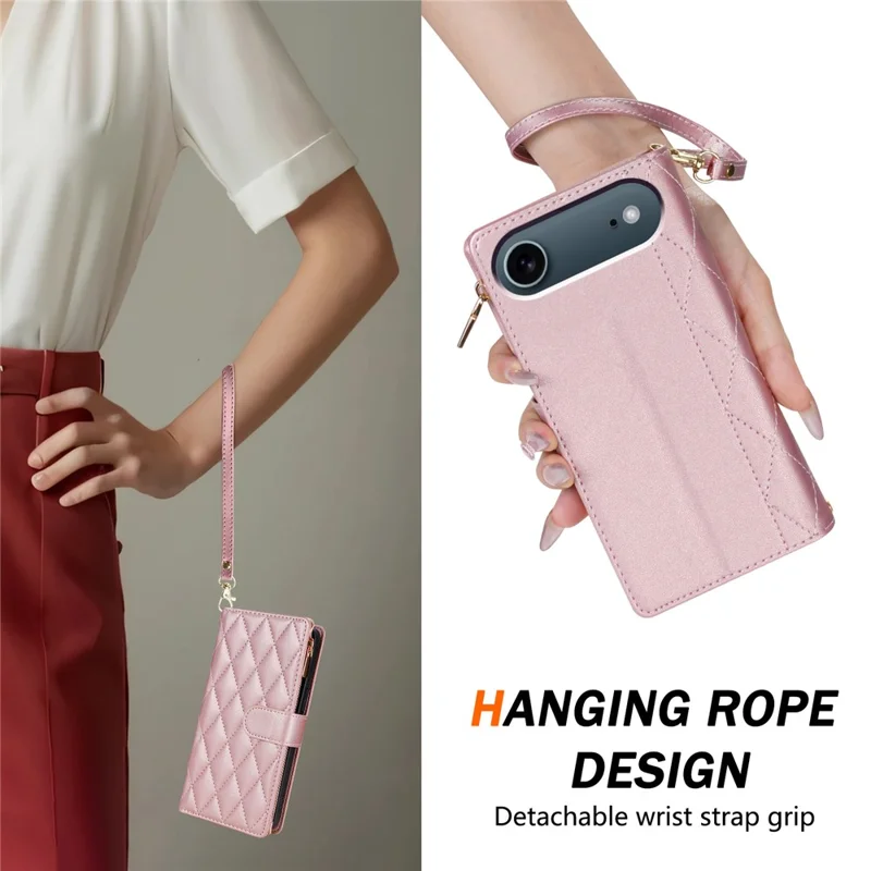 For iPhone Air Case Rhombus Stitching Leather Wallet Phone Cover with Long  /  Short Strap - Rose Gold