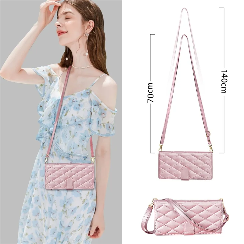 For iPhone Air Case Rhombus Stitching Leather Wallet Phone Cover with Long  /  Short Strap - Rose Gold
