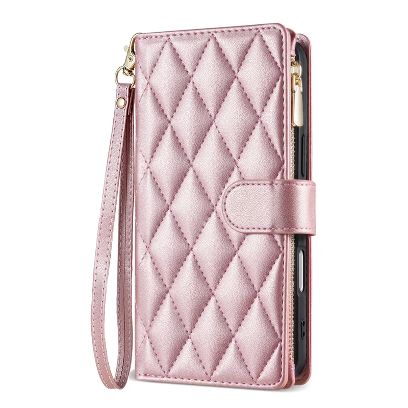 For iPhone Air Case Rhombus Stitching Leather Wallet Phone Cover with Long  /  Short Strap - Rose Gold