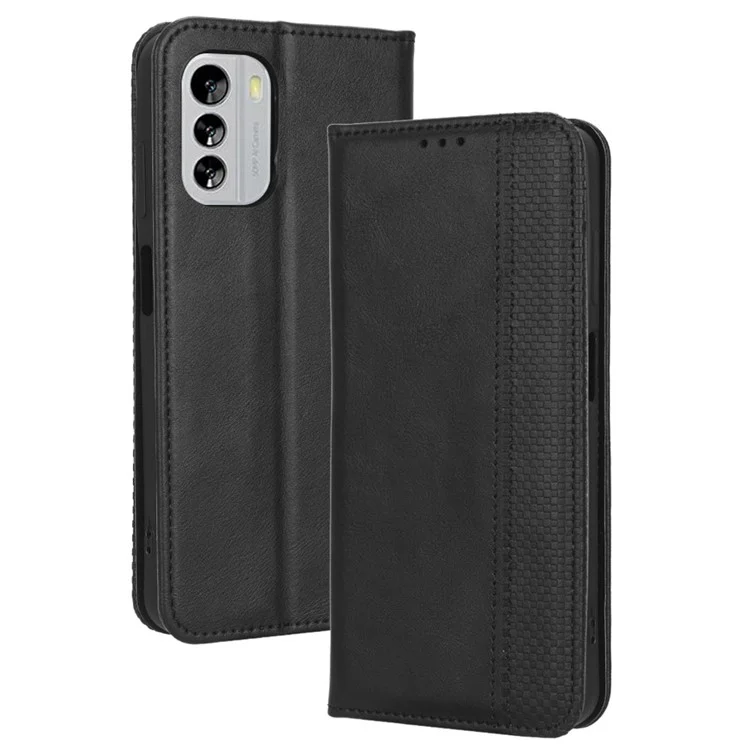 Für Nokia G60 5G Retro Textur Geprägtes Muster PU Leder Hülle Wallet Stand Magnetic Auto-absorbed Telefonabdeckung - Schwarz