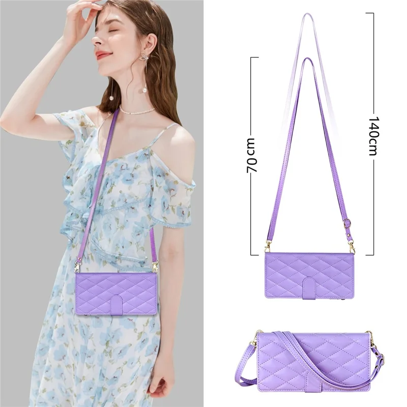 Cover per iPhone 17 Pro Custodia a Rombi in Pelle con Portafoglio e Cinturino Lungo / Corto - Viola Chiaro