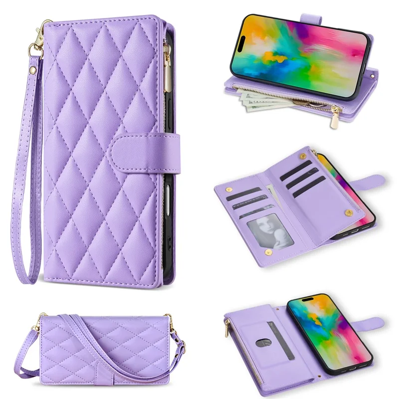 Für iPhone 17 Pro Max Hülle Rauten-Steppnaht Leder Geldbörse Handyhülle mit langem / kurzem Riemen - Hellviolett