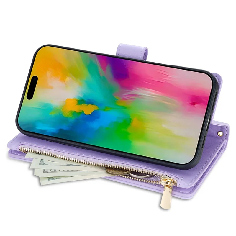 Für iPhone 17 Pro Max Hülle Rauten-Steppnaht Leder Geldbörse Handyhülle mit langem / kurzem Riemen - Hellviolett