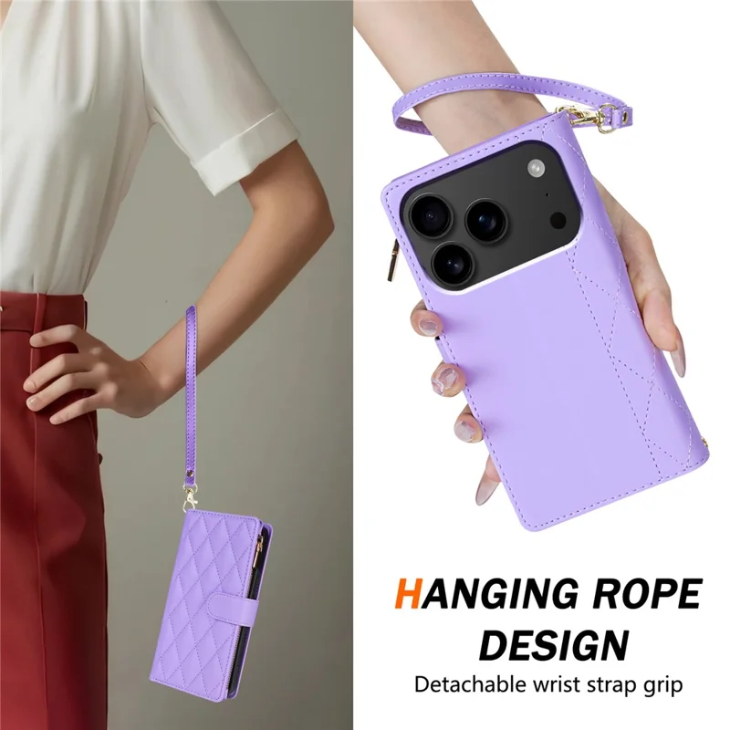 Für iPhone 17 Pro Max Hülle Rauten-Steppnaht Leder Geldbörse Handyhülle mit langem / kurzem Riemen - Hellviolett