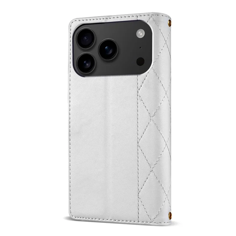 For iPhone 18 Pro Max / 17 Pro Max Case Rhombus Stitching Leather Wallet Phone Cover with Long  /  Short Strap - White