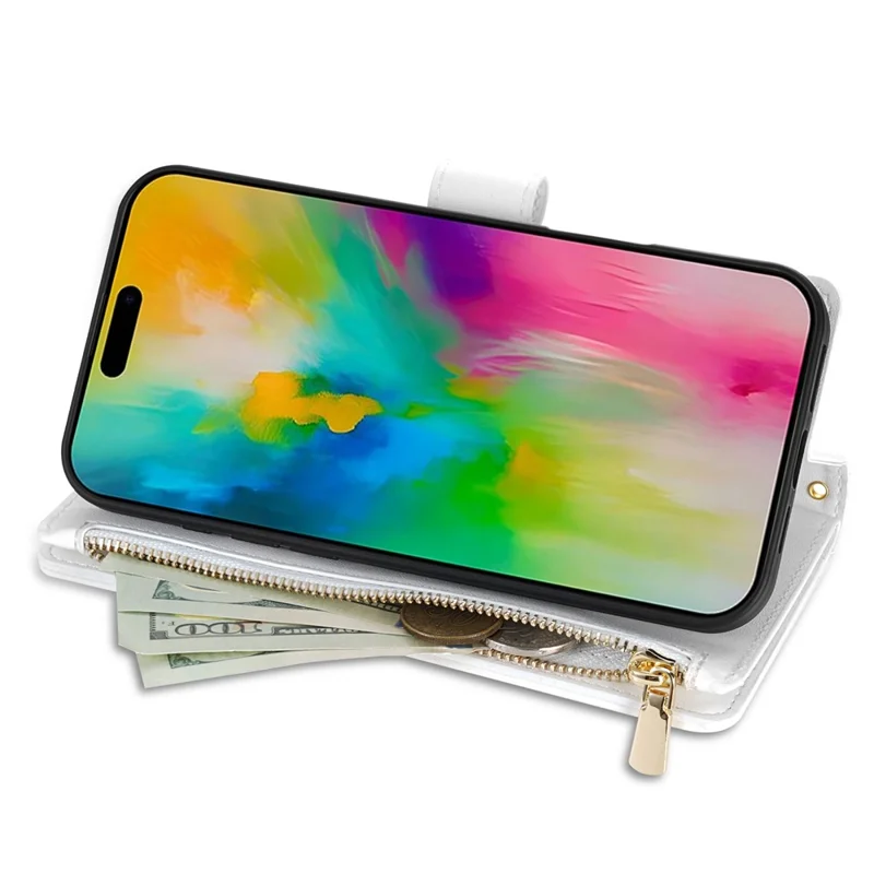 For iPhone 18 Pro Max / 17 Pro Max Case Rhombus Stitching Leather Wallet Phone Cover with Long  /  Short Strap - White