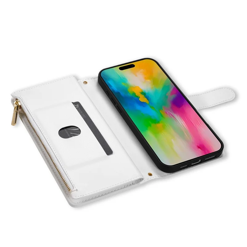 For iPhone 18 Pro Max / 17 Pro Max Case Rhombus Stitching Leather Wallet Phone Cover with Long  /  Short Strap - White