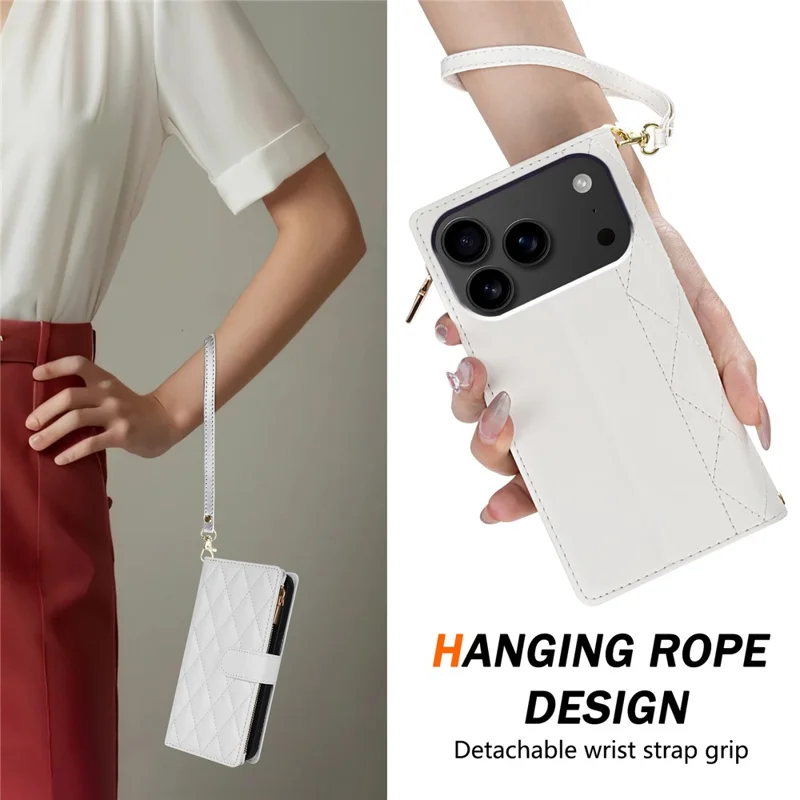 For iPhone 18 Pro Max / 17 Pro Max Case Rhombus Stitching Leather Wallet Phone Cover with Long  /  Short Strap - White