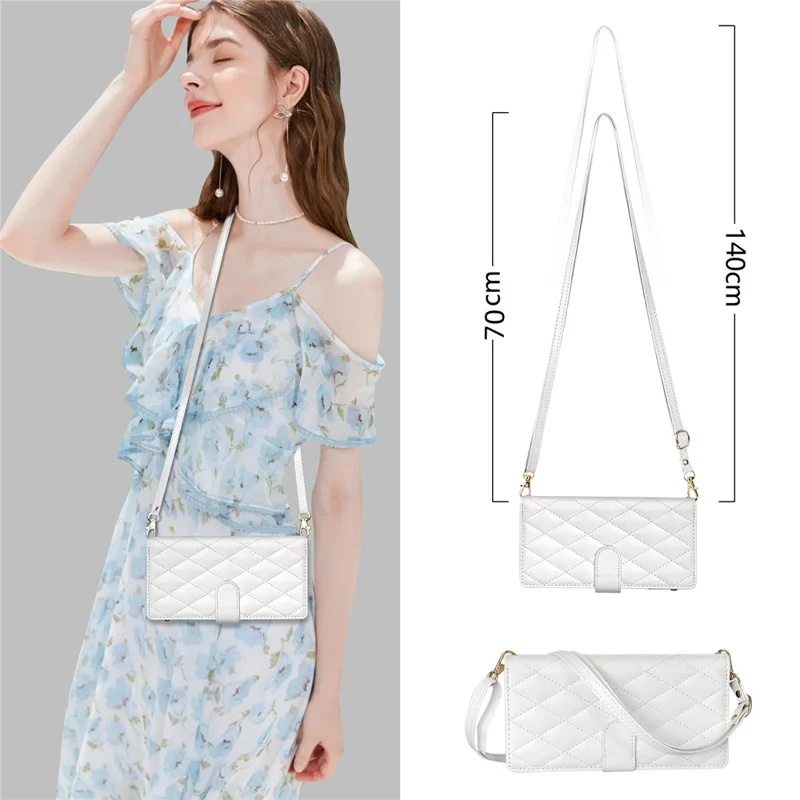 For iPhone 18 Pro Max / 17 Pro Max Case Rhombus Stitching Leather Wallet Phone Cover with Long  /  Short Strap - White