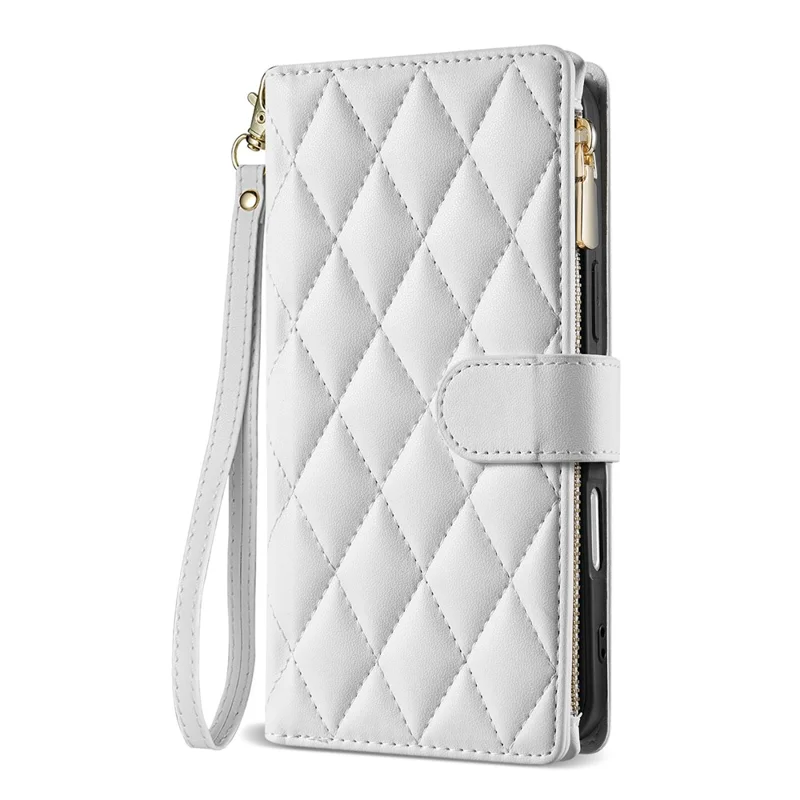For iPhone 18 Pro Max / 17 Pro Max Case Rhombus Stitching Leather Wallet Phone Cover with Long  /  Short Strap - White