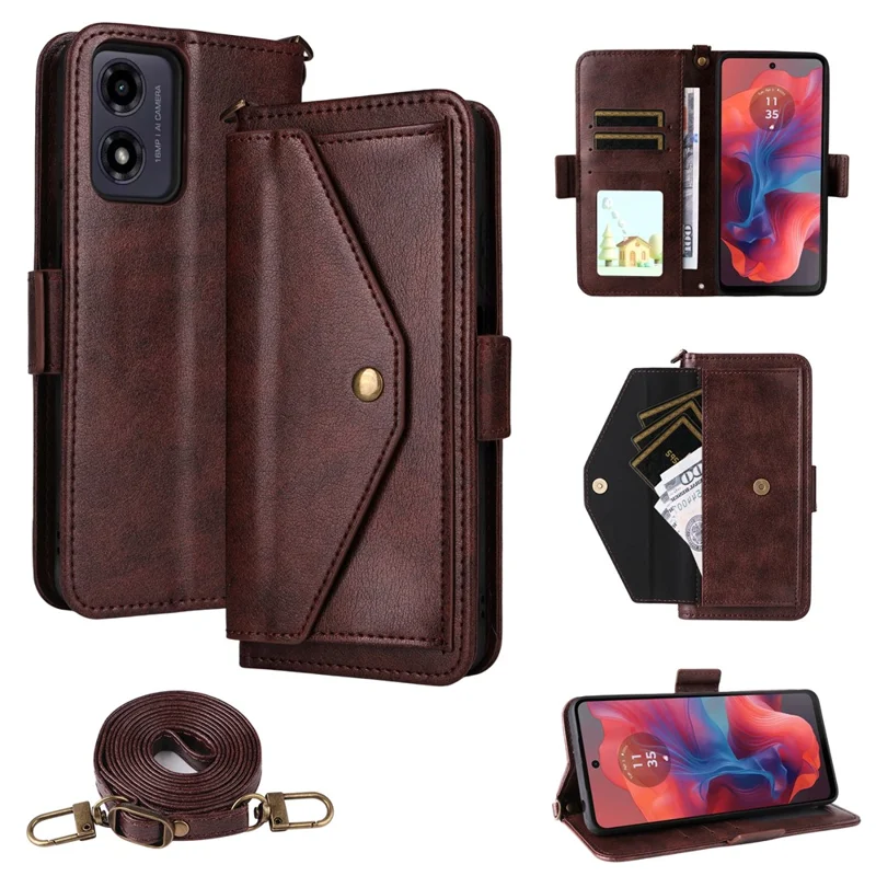 Étui en cuir pour Motorola Moto G04s 4G / G04 4G / G24 4G / E14 4G avec fermeture magnétique, support portefeuille et bandoulière - Marron