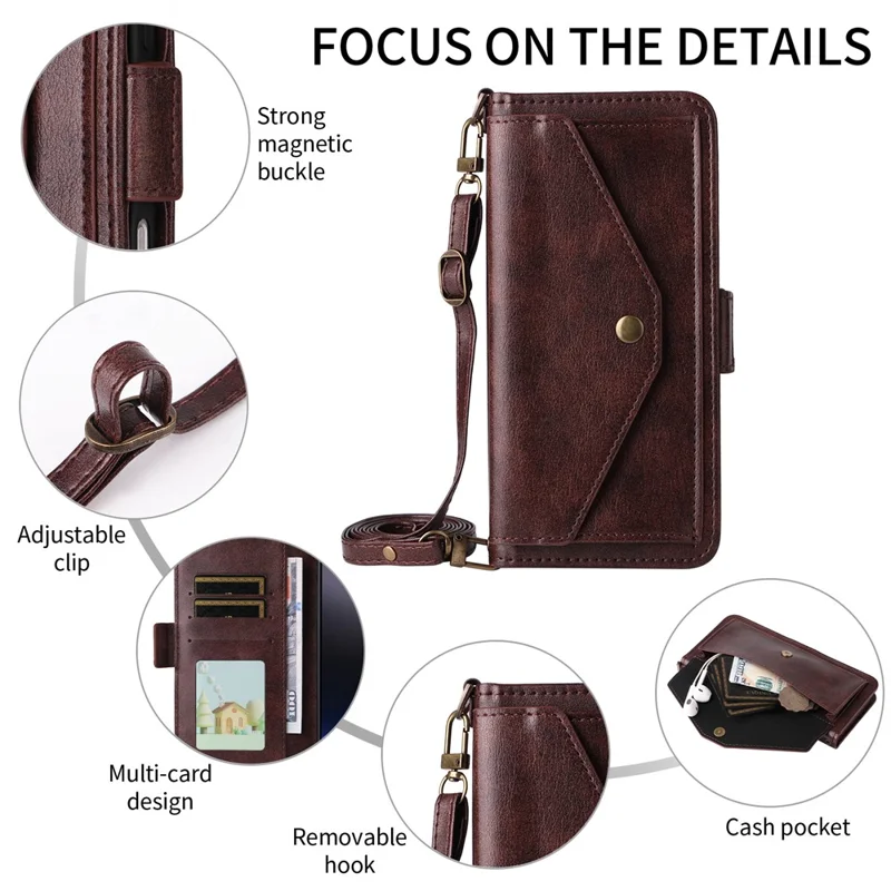 Étui en cuir pour Motorola Moto G04s 4G / G04 4G / G24 4G / E14 4G avec fermeture magnétique, support portefeuille et bandoulière - Marron
