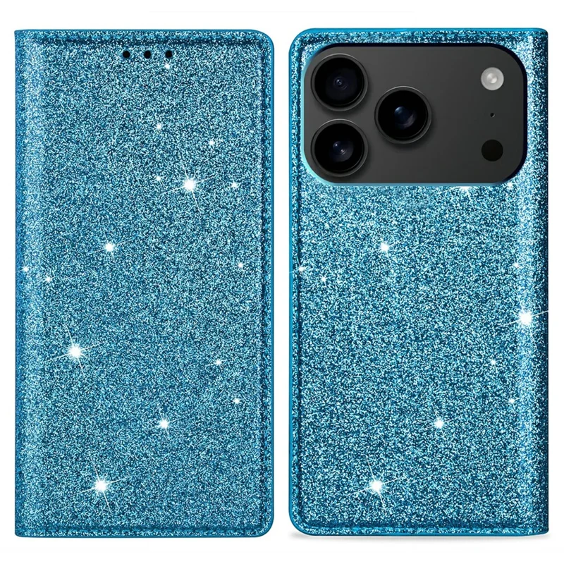 Voor iPhone 17 Pro hoesje Glitter PU leer + TPU met kaartvak - Blauw