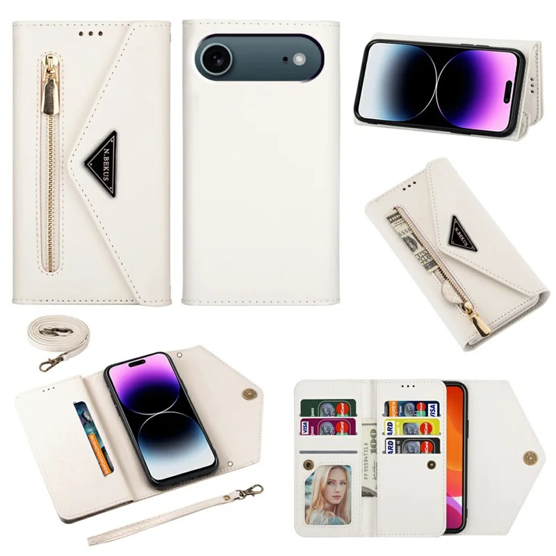 N.BEKUS For iPhone Air Cases Skin-Touch Leather Wallet Phone Cover with Straps - White