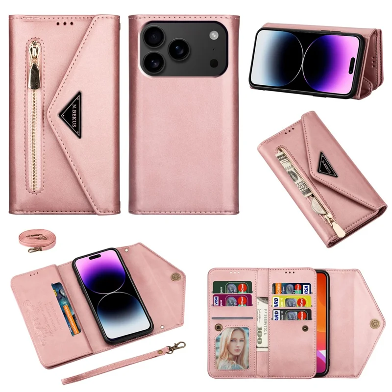 N.BEKUS para Capas de iPhone 17 Pro Couro Toque na Pele Carteira com Alças - Dourado Rosa