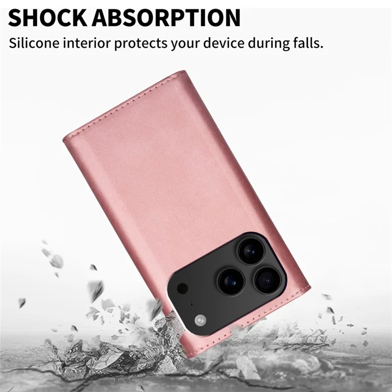 N.BEKUS para Capas de iPhone 17 Pro Couro Toque na Pele Carteira com Alças - Dourado Rosa