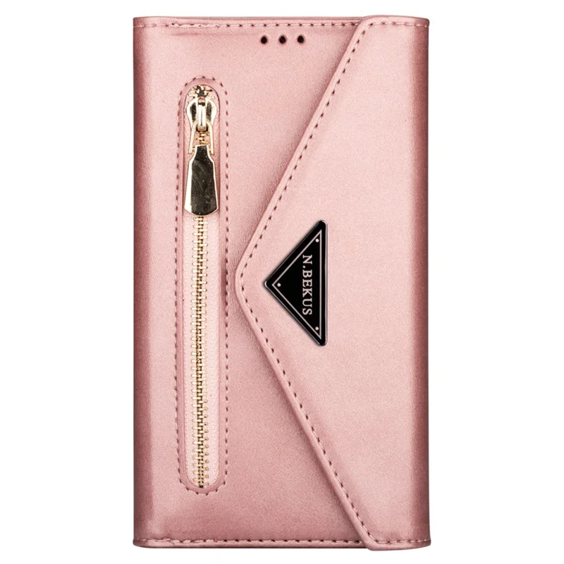 N.BEKUS para Capas de iPhone 17 Pro Couro Toque na Pele Carteira com Alças - Dourado Rosa