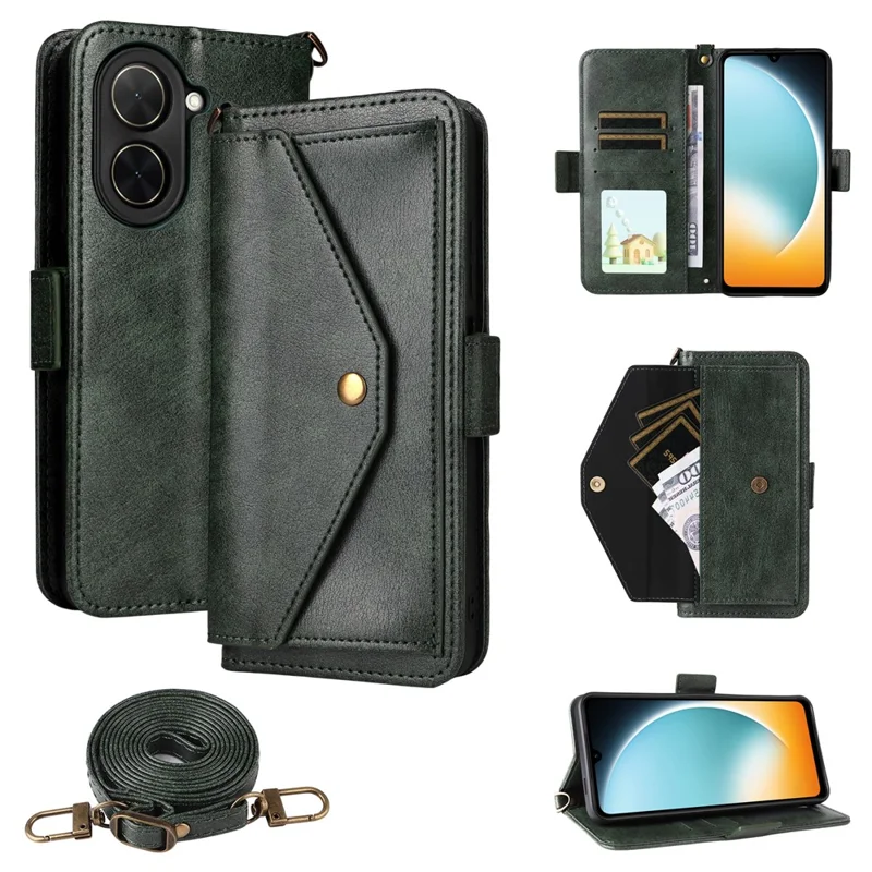 For Xiaomi Redmi A5 4G (171.7mm) / Poco C71 4G Leather Case Magnetic Closure Wallet Stand Phone Cover with Crossbody Strap - Green