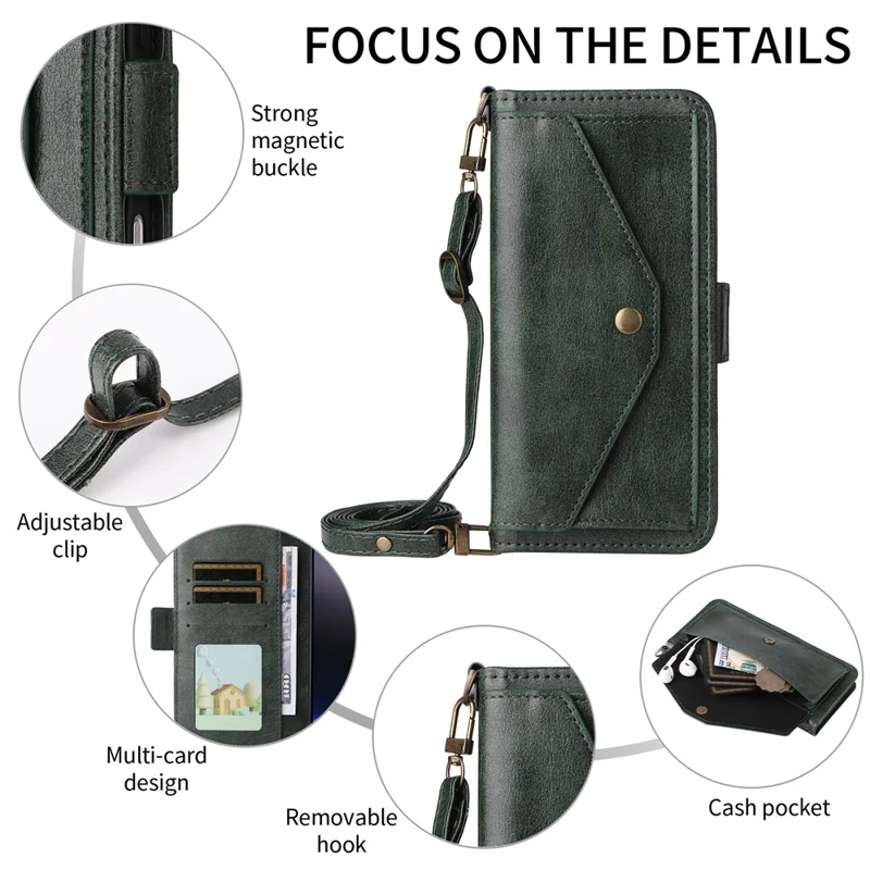 For Xiaomi Redmi A5 4G (171.7mm) / Poco C71 4G Leather Case Magnetic Closure Wallet Stand Phone Cover with Crossbody Strap - Green