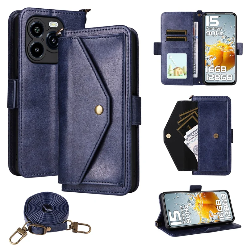 For Oukitel C65 Pro  /  C65 Leather Case Magnetic Closure Wallet Stand Phone Cover with Crossbody Strap - Blue